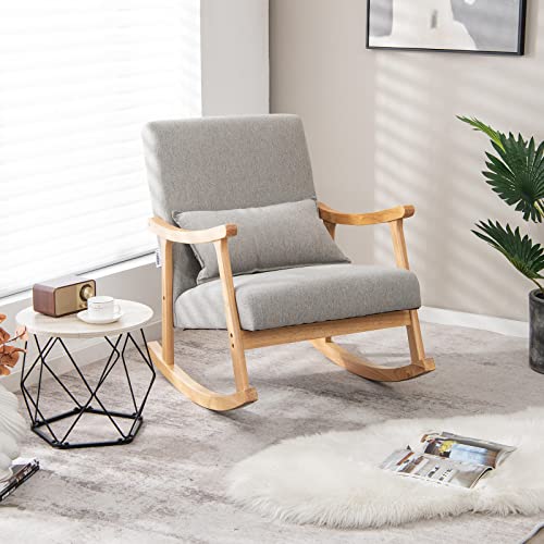 Giantex Upholstered Rocking Chair - Modern Rocker with Rubber Wood Frame, Comfy Backrest & Seat, PP Padded Pillow, Single Rocking Chair for Living Room, Nursery, Bedroom, Lounge, Office, Grey