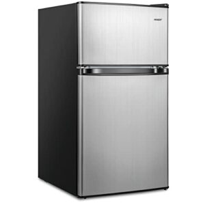 costway compact refrigerator, 3.2 cu.ft. fridge freezer compartment with reversible 2 door, adjustable thermostat, removable glass shelves, mini refrigerator for bedroom dorm apartment office, silver