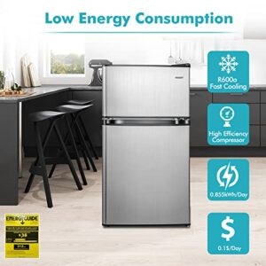 COSTWAY Compact Refrigerator, 3.2 Cu.Ft. Fridge Freezer Compartment with Reversible 2 Door, Adjustable Thermostat, Removable Glass Shelves, Mini Refrigerator for Bedroom Dorm Apartment Office, Silver