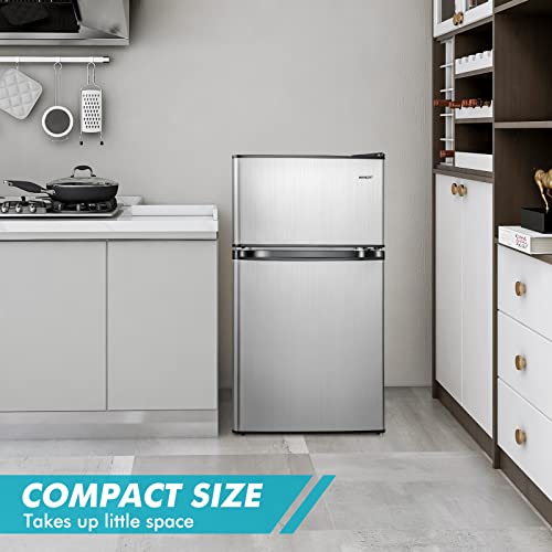 COSTWAY Compact Refrigerator, 3.2 Cu.Ft. Fridge Freezer Compartment with Reversible 2 Door, Adjustable Thermostat, Removable Glass Shelves, Mini Refrigerator for Bedroom Dorm Apartment Office, Silver