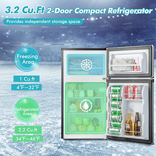 COSTWAY Compact Refrigerator, 3.2 Cu.Ft. Fridge Freezer Compartment with Reversible 2 Door, Adjustable Thermostat, Removable Glass Shelves, Mini Refrigerator for Bedroom Dorm Apartment Office, Silver