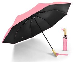 leagera compact small umbrellas for rain&sun, cute design duck head umbrella for girls gifts, 8 ribs folding umbrella with wooden handle, pink