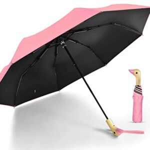 LEAGERA Compact Small Umbrellas for Rain&Sun, Cute Design Duck Head Umbrella for Girls Gifts, 8 Ribs Folding Umbrella with Wooden Handle, Pink