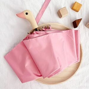 LEAGERA Compact Small Umbrellas for Rain&Sun, Cute Design Duck Head Umbrella for Girls Gifts, 8 Ribs Folding Umbrella with Wooden Handle, Pink
