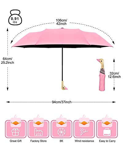 LEAGERA Compact Small Umbrellas for Rain&Sun, Cute Design Duck Head Umbrella for Girls Gifts, 8 Ribs Folding Umbrella with Wooden Handle, Pink