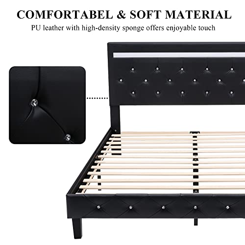 Benevika King Size Bed Frame with LED Light Leather Platform Bed Frame with Adjustable Upholstered Headboard, Over 60000 Colors, APP Control LED Lights, No Box Spring Needed, Black