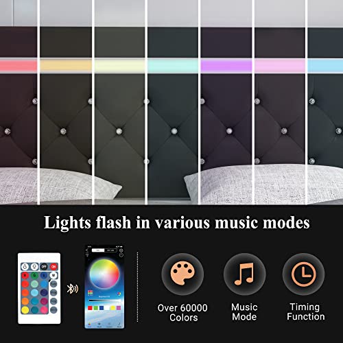 Benevika King Size Bed Frame with LED Light Leather Platform Bed Frame with Adjustable Upholstered Headboard, Over 60000 Colors, APP Control LED Lights, No Box Spring Needed, Black