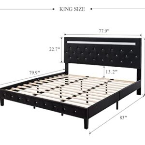 Benevika King Size Bed Frame with LED Light Leather Platform Bed Frame with Adjustable Upholstered Headboard, Over 60000 Colors, APP Control LED Lights, No Box Spring Needed, Black