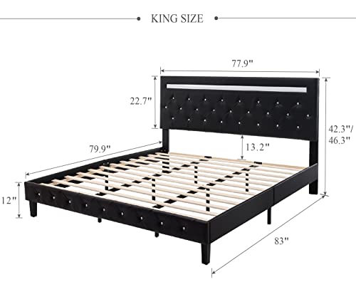 Benevika King Size Bed Frame with LED Light Leather Platform Bed Frame with Adjustable Upholstered Headboard, Over 60000 Colors, APP Control LED Lights, No Box Spring Needed, Black