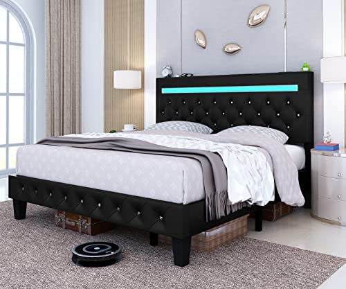 Benevika Queen Size Bed Frame with LED Light Leather Platform Bed Frame with Adjustable Upholstered Headboard, Over 60000 Colors, APP Control LED Lights, No Box Spring Needed, Black