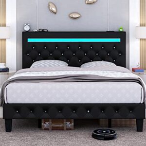 Benevika Queen Size Bed Frame with LED Light Leather Platform Bed Frame with Adjustable Upholstered Headboard, Over 60000 Colors, APP Control LED Lights, No Box Spring Needed, Black