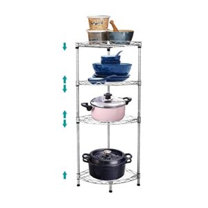 4 tier corner wire shelving unit, adjustable wire rack shelving, metal wire storage shelves for kitchen, pantry, laundry, bathroom, closet (11.8" d x 11.8" w x 35.4" h, silver)