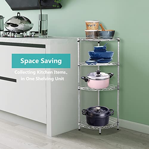 4 Tier Corner Wire Shelving Unit, Adjustable Wire Rack Shelving, Metal Wire Storage Shelves for Kitchen, Pantry, Laundry, Bathroom, Closet (11.8" D x 11.8" W x 35.4" H, Silver)