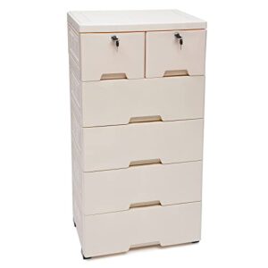 OUKANING Plastic 6 Drawers Storage Cabinet, Modern Beige PP Stackable Vertical Clothes Storage Tower for Storing Clothes, Toys, Books, and Other Items