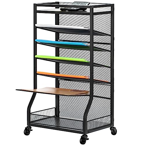 ThreeHio 7 Tier File Organizer Beside Desk, Rolling File Cart with Sliding Trays, Metal Free-Standing File Holder, Mesh Paper Organizer Letter Tray Desk Organizer for Office, Home, School (Patent)