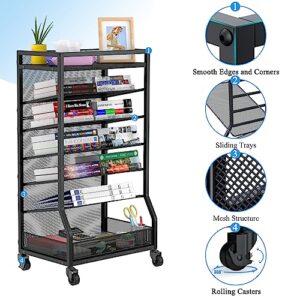 ThreeHio 7 Tier File Organizer Beside Desk, Rolling File Cart with Sliding Trays, Metal Free-Standing File Holder, Mesh Paper Organizer Letter Tray Desk Organizer for Office, Home, School (Patent)