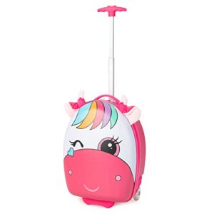 HONEY JOY Kids Luggage, 16” Children Rolling Suitcase w/Light-up Wheels & Telescopic Handle, Hard Shell Lightweight Travel Luggage for Toddlers, Carry On Luggage with Wheels for Boy Girl(Pink Unicorn)