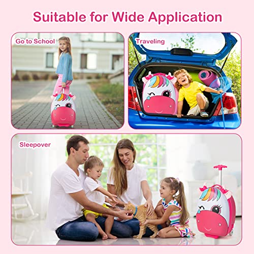 HONEY JOY Kids Luggage, 16” Children Rolling Suitcase w/Light-up Wheels & Telescopic Handle, Hard Shell Lightweight Travel Luggage for Toddlers, Carry On Luggage with Wheels for Boy Girl(Pink Unicorn)