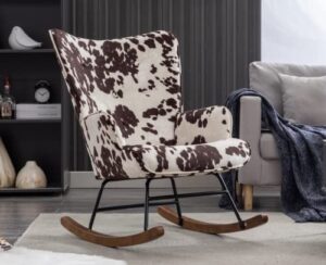 ealson nursery rocking chair fabric upholstered rocker chair tufted wingback accent chair with wooden base modern comfy lounge armchair for bedroom living room, cow