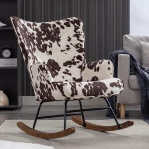 EALSON Nursery Rocking Chair Fabric Upholstered Rocker Chair Tufted Wingback Accent Chair with Wooden Base Modern Comfy Lounge Armchair for Bedroom Living Room, Cow