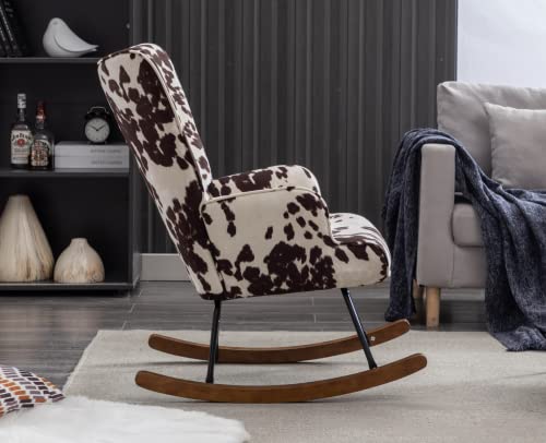 EALSON Nursery Rocking Chair Fabric Upholstered Rocker Chair Tufted Wingback Accent Chair with Wooden Base Modern Comfy Lounge Armchair for Bedroom Living Room, Cow