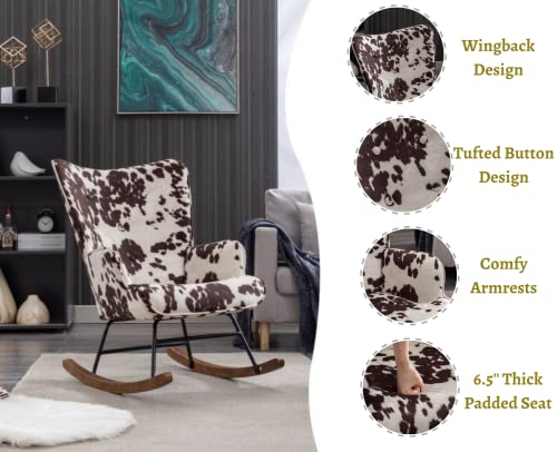 EALSON Nursery Rocking Chair Fabric Upholstered Rocker Chair Tufted Wingback Accent Chair with Wooden Base Modern Comfy Lounge Armchair for Bedroom Living Room, Cow