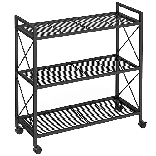 SONGMICS 3-Tier Metal Storage Rack with Wheels, Mesh Shelving Unit with X Side Frames, 31.5-Inch Width, for Entryway, Kitchen, Living Room, Bathroom, Industrial Style, Black UBSC183B01