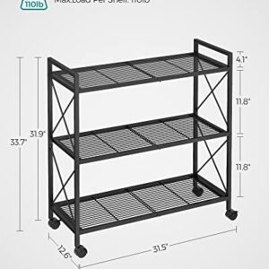 SONGMICS 3-Tier Metal Storage Rack with Wheels, Mesh Shelving Unit with X Side Frames, 31.5-Inch Width, for Entryway, Kitchen, Living Room, Bathroom, Industrial Style, Black UBSC183B01