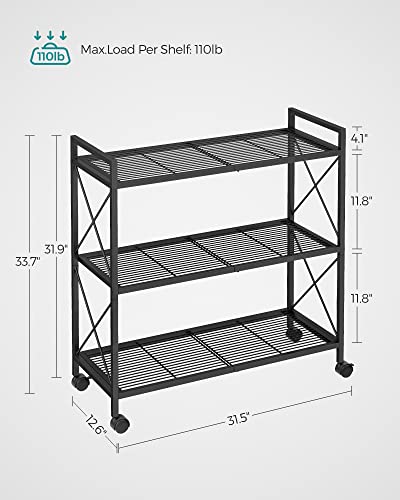 SONGMICS 3-Tier Metal Storage Rack with Wheels, Mesh Shelving Unit with X Side Frames, 31.5-Inch Width, for Entryway, Kitchen, Living Room, Bathroom, Industrial Style, Black UBSC183B01