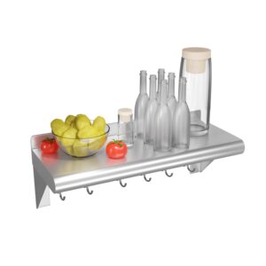 ncoen"12 * 24" stainless steel shelf with 6 hooks, 304 stainless steel shelf wall mounted for commercial restaurant, kitchen, home and bar stainless steel wall shelf