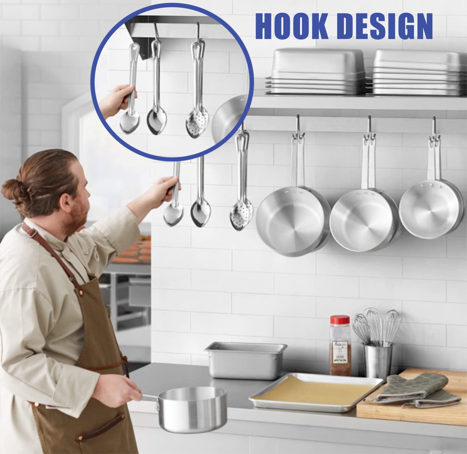 NCOEN"12 * 24" Stainless Steel Shelf with 6 Hooks, 304 Stainless Steel Shelf Wall Mounted for Commercial Restaurant, Kitchen, Home and Bar Stainless Steel Wall Shelf