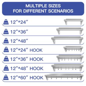 NCOEN"12 * 24" Stainless Steel Shelf with 6 Hooks, 304 Stainless Steel Shelf Wall Mounted for Commercial Restaurant, Kitchen, Home and Bar Stainless Steel Wall Shelf