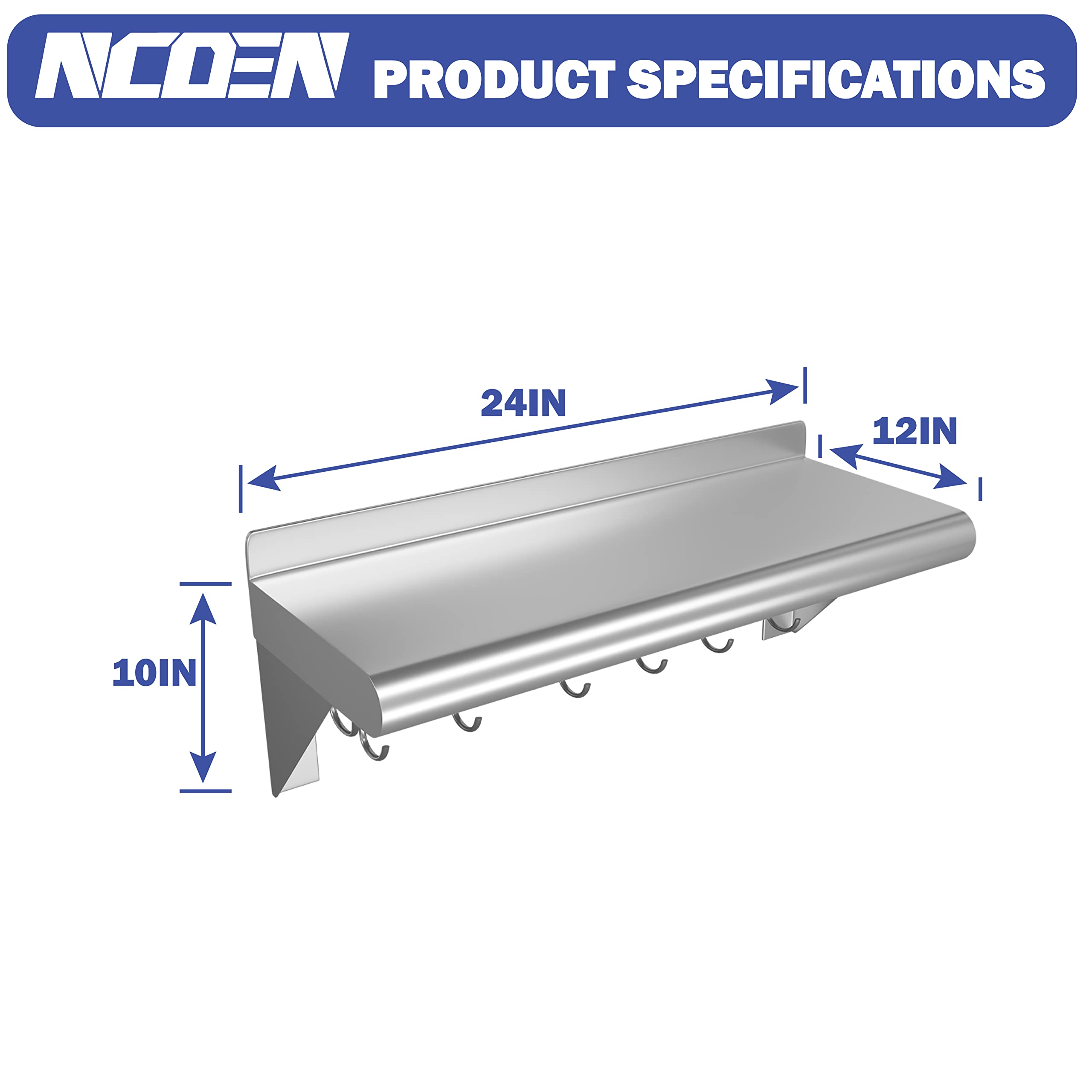 NCOEN"12 * 24" Stainless Steel Shelf with 6 Hooks, 304 Stainless Steel Shelf Wall Mounted for Commercial Restaurant, Kitchen, Home and Bar Stainless Steel Wall Shelf