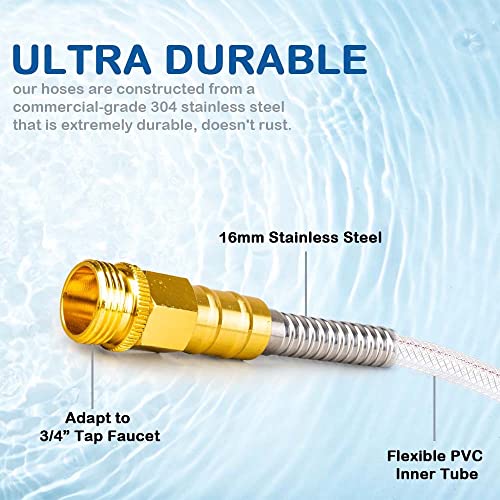 FangFarm 304 Stainless Steel Metal Garden Hose with Brass Fittings, Heavy Duty Water Hose, Kink Free and Flexible, Crush Resistant, Puncture Resistant (stainless steel hose, 3FT)