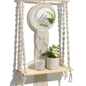 Sonefreiy Macrame Wall Hanging Shelf Boho Rope Shelves with Mirror Dreamcatcher Bohemian Wall Decor for Bedroom, Bathroom, Living Room