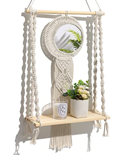 Sonefreiy Macrame Wall Hanging Shelf Boho Rope Shelves with Mirror Dreamcatcher Bohemian Wall Decor for Bedroom, Bathroom, Living Room