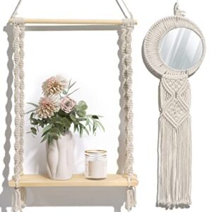 Sonefreiy Macrame Wall Hanging Shelf Boho Rope Shelves with Mirror Dreamcatcher Bohemian Wall Decor for Bedroom, Bathroom, Living Room