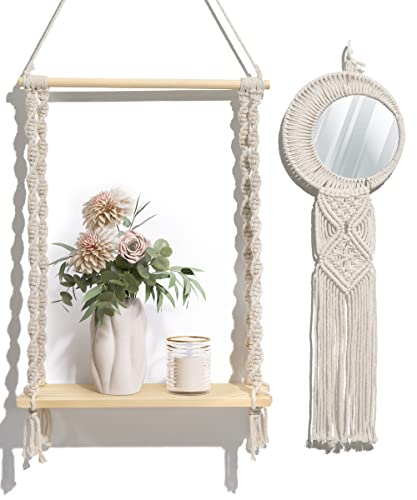 Sonefreiy Macrame Wall Hanging Shelf Boho Rope Shelves with Mirror Dreamcatcher Bohemian Wall Decor for Bedroom, Bathroom, Living Room