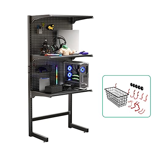 JWX DDB Gaming Standing Shelf Units, 30‘’ Home Office cabinets with Metal Pegboard and 15 Pieces Organizer Tool Holders