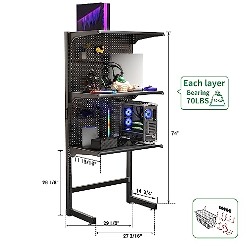 JWX DDB Gaming Standing Shelf Units, 30‘’ Home Office cabinets with Metal Pegboard and 15 Pieces Organizer Tool Holders