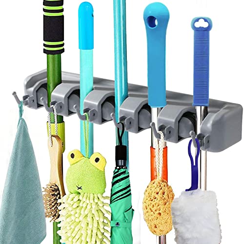 YouOKLight Broom holder wall mount, mop and broom hanger wall mount garden tool organizers storage rack, broom organizer mop holder hanger. For Home Garden Garage And Storage, 5 Slots, 6 Hooks, Grey.