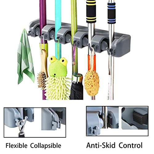 YouOKLight Broom holder wall mount, mop and broom hanger wall mount garden tool organizers storage rack, broom organizer mop holder hanger. For Home Garden Garage And Storage, 5 Slots, 6 Hooks, Grey.