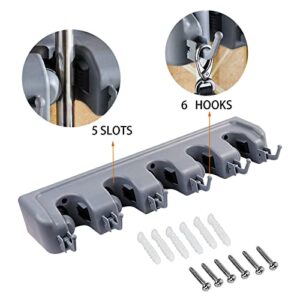 YouOKLight Broom holder wall mount, mop and broom hanger wall mount garden tool organizers storage rack, broom organizer mop holder hanger. For Home Garden Garage And Storage, 5 Slots, 6 Hooks, Grey.