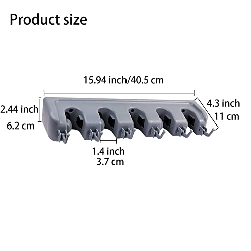 YouOKLight Broom holder wall mount, mop and broom hanger wall mount garden tool organizers storage rack, broom organizer mop holder hanger. For Home Garden Garage And Storage, 5 Slots, 6 Hooks, Grey.