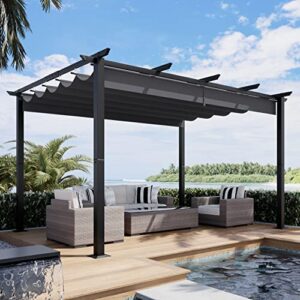 luckyberry 10' x 13' outdoor retractable pergola with sun shade canopy patio metal shelter for garden porch beach pavilion grill gazebo modern yard grape trellis pergola, grey