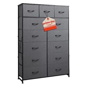 wlive tall dresser for bedroom with 13 drawers, storage dresser organizer unit, fabric dresser for bedroom, closet, nursery, chest of drawers with fabric bins, steel frame, wood top, dark grey