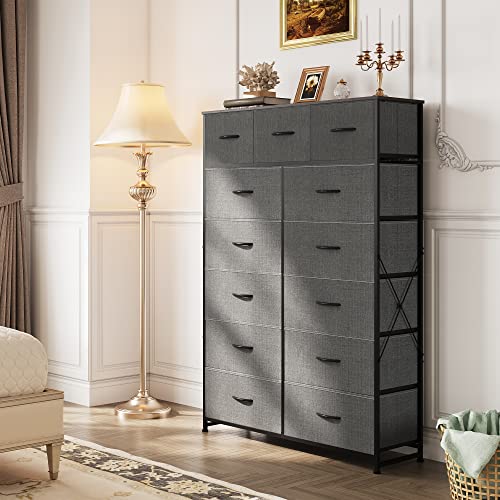 WLIVE Tall Dresser for Bedroom with 13 Drawers, Storage Dresser Organizer Unit, Fabric Dresser for Bedroom, Closet, Nursery, Chest of Drawers with Fabric Bins, Steel Frame, Wood Top, Dark Grey