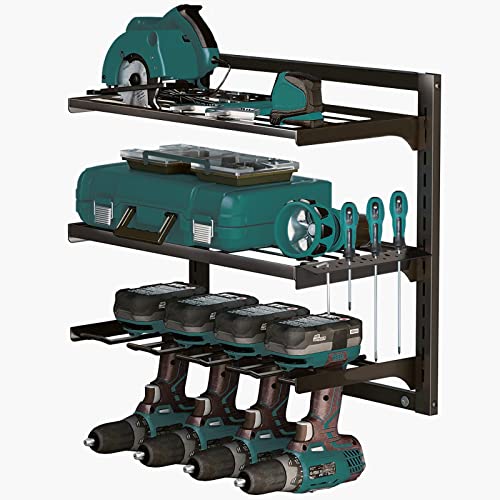 RUN HELIX Power Tool Organizer, Wall Mount Garage Organization with 4 Drill Holders, Heavy Duty Tool Shelf & 1 Pack 3 Layers Cordless Tool Rack, Screwdriver Storage Rack Box Organizers and Storage