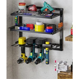 RUN HELIX Power Tool Organizer, Wall Mount Garage Organization with 4 Drill Holders, Heavy Duty Tool Shelf & 1 Pack 3 Layers Cordless Tool Rack, Screwdriver Storage Rack Box Organizers and Storage