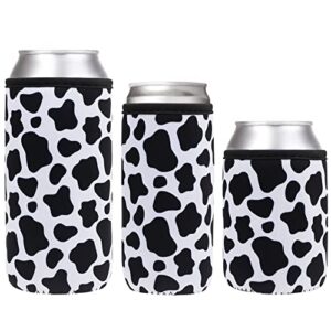 yr upgraded foil insulated lining reusable neoprene insulated can cooler sleeve for can beer, soda, pop, seltzers, can coolies for 12oz & 16oz can, set of 3 (cow)